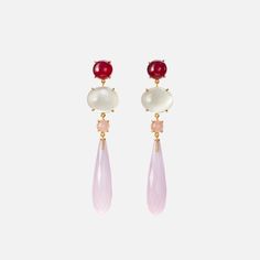 Lotus Earrings in 18k Gold with Ruby, Grey Moonstone, Blush Moonstone and Rose Quartz | Ole Lynggaard Copenhagen Engagement Ring For Him, Grey Moonstone, Pink Moonstone, Lotus Earrings, Wedding Day Jewelry, Engagement Ring For Her, Evil Eye Earrings, Drop Pendant Necklace, Pearl Leather