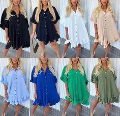 Premium Quality Women's Ladies Gold Button Pleated Frill Summer Shirt Swing Smock Mini Dress Top, women's dresses Pleated Fabric, Mini Shirt Dress, Versatile Dresses, Dress Top, Feminine Look, Dress First, Fashion Tops, Pleated Dress, Summer Shirts