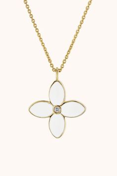 A clover-shaped pop of color for every day and everywhere. This reversible chain is classy, fun, and elegant. Reversible Crafted in 14k solid gold Made with black and white enamel 0.04 carat Lab Grown Diamond Color F Clarity VS Elegant Enamel Flower Pendant Jewelry, Luxury White Necklace With Flower Charm, Luxury White Enamel Necklace, Luxury White Flower Pendant Jewelry, Luxury White Flower-shaped Necklaces, Luxury White Flower Shaped Necklace, Luxury White Flower Shape Necklace, Luxury White Flower-shaped Necklace, White Flower Charm Necklace Fine Jewelry