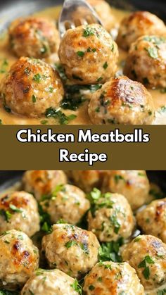 chicken meatballs are being cooked in a skillet