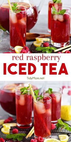 red raspberry iced tea with lemons and mint garnish on the rim