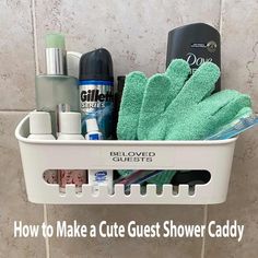 a bath caddy filled with personal care items on a tiled bathroom wall next to a tile floor