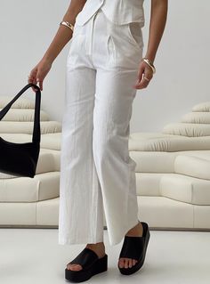 High-rise linen pants Belt looped waist, zip and button fastening, straight leg, subtle pleats at waist Non-stretch material, unlined 75% organic cotton 25% flax Cold machine wash Chic Flax-colored Relaxed Fit Wide Leg Pants, Relaxed Fit Viscose Wide-leg Pants, Light Wash Wide-leg Pants With Elastic Waistband, High-waisted Wide Leg Linen Pants With Elastic Waistband, Neutral Straight-leg Pants With Elastic Waistband, Baby Crop Top, Flowy Pants, Pink Formal Dresses, Corsets And Bustiers