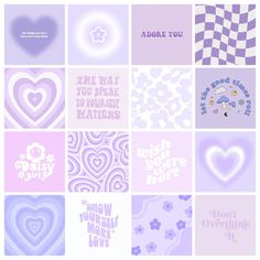 many different greeting cards with hearts and words in purple, white and pink colors on them