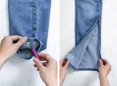 someone is removing the bottom portion of their jean pants with a purple pen and scissors