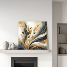 an abstract painting on the wall above a fireplace