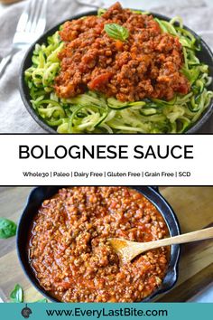 two pictures with the words bolognzoese sauce in it and an image of spaghetti