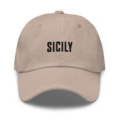 "Sicily Italy embroidered dad hat with stitched letters to represent your coastal AIRBNB / VRBO / STR, vacation, or home. 🧢 Looking for a different hat style, hat color, embroidery thread color, or code/initials? Check out our custom options for adults and kids: ➡️ https://www.etsy.com/shop/CustomCoastalCo?section_id=37850010 Dad hats aren't just for dads. This one's got a low profile with an adjustable strap and curved visor. ⚡️ 100% chino cotton twill ⚡️ Green Camo color is 35% chino cotton twill, 65% polyester ⚡️ Unstructured, 6-panel, low-profile ⚡️ 6 embroidered eyelets ⚡️ 3 ⅛\" (7.6 cm) crown ⚡️ Adjustable strap with antique buckle ⚡️ Blank product sourced from Vietnam or Bangladesh CARE INSTRUCTIONS for longest life: 💦 Machine wash inside out on cold/gentle setting with similar co Kappa Delta, Camo Colors, Dad Caps, Embroidered Hats, Green Camo, Fraternity, Dad Hat, Head Circumference, Bride Gifts