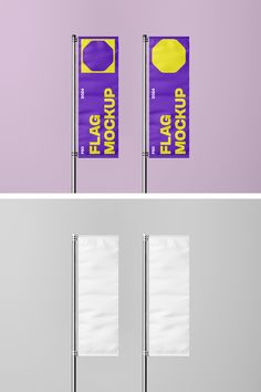 two banners on poles with the same color as each other and one has a purple background