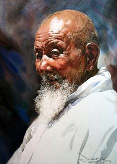 a painting of an older man with a beard and white shirt looking off to the side