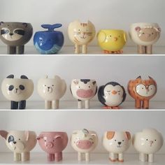 there are many ceramic animals on the shelves