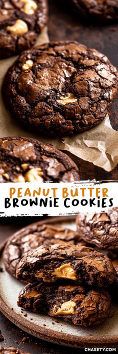 chocolate peanut butter brownie cookies are stacked on top of each other