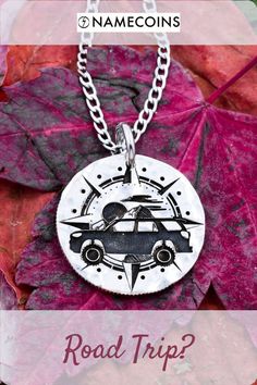 We take a polished silver coin and hammer it down on one side to produce a gentle wavy affect. Then we engrave the scenic road trip scene and attach this to a chain of  your choice! Mountain Road Trip, Car Necklace, Engraved Compass, Scenic Road Trip, A Compass, Car Driving