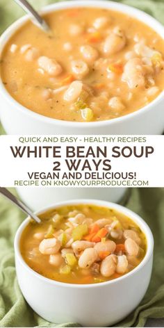 two bowls of white bean soup with text overlay