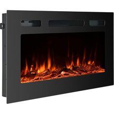 an electric fireplace with flames and logs on the sides is shown in black, against a white background