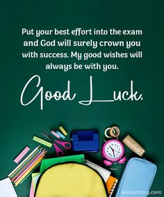 a green chalkboard with school supplies on it and the words good luck written in white