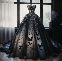 Fantasy Dress Wedding, Gothic White Wedding Dress, Dark Blue Ballgown, Black Fantasy Gown, Witch Gown, Butterfly Wedding Dress, Villain Dresses, Black Wedding Gowns