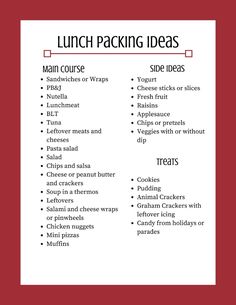 the lunch packing list is shown in red and white