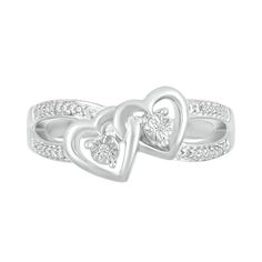 Express your love with the entwined design of this diamond accent double interlocked hearts ring in sterling silver. Fashioned in sterling silver Polished interlocked heart outlines each showcase a center diamond accent - artfully set to enhance size and sparkle. The beaded ribbons of the split shank highlight the tilted centerpiece to complete the look. Double Heart Anniversary Rings With Diamond Accents, Anniversary Rings With Diamond Accents And Double Heart, Double Heart Diamond Ring With Accents For Valentine's Day, Double Heart Diamond Ring For Valentine's Day Anniversary, Promise Double Heart Diamond Ring With Accents, White Double Heart Promise Jewelry, Valentine's Day Double Heart Diamond Ring With Accents, Valentine's Day Anniversary Double Heart Diamond Ring, Fine Jewelry Double Heart Diamond Ring With Accents