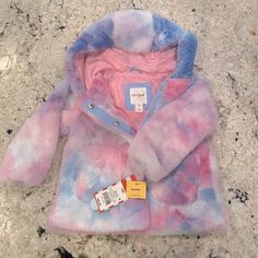 Fuzzy Fleece In Watercolor Pattern Pink, Blu, And Purples. Button Up, Hood Nwt Multicolor Fall Outerwear For Playtime, Playful Pink Winter Outerwear, Cute Multicolor Outerwear For Playtime, Multicolor Long Sleeve Outerwear For Playtime, Denim Sherpa Jacket, Blue Suit Jacket, Jean Jacket For Girls, Ruffle Jacket, Hooded Denim Jacket