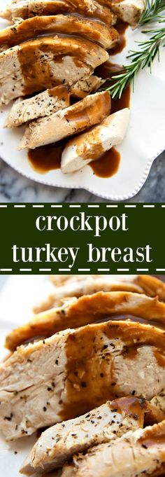 crockpot turkey breast with gravy on the side and an image of sliced turkey