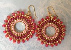 Beadwork Small Hoop Earrings - Pink Berries - Multicolored Seed Bead Earrings Pink Beaded Earrings With Gold Beads As Gift, Pink Earrings With Colorful Beads For Festive Occasions, Handmade Pink Hoop Earrings For Festive Occasions, Festive Pink Jewelry With Ear Wire, Pink Hoop Beaded Earrings For Party, Pink Earrings With Gold Beads, Pink Small Hoop Beaded Earrings As Gift, Pink Colorful Beaded Earrings For Festive Occasions, Red Hoop Earrings With Colorful Beads For Jewelry Making