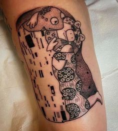 an artistic tattoo on the leg of a woman with a dog in her arms,