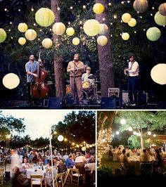 an outdoor party with paper lanterns and string lights