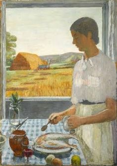 a painting of a woman preparing food in front of a window with an open pane