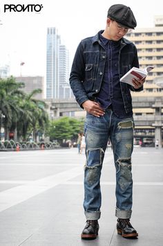 U Trucker Jacket Outfit, Workwear Vintage, Men Street Fashion, Denim Trends, Destroyed Jeans, Mode Inspo