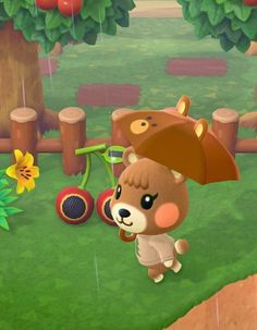 an animal crossing game with a bear holding an umbrella over it's head, and another animal in the background