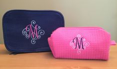 A monogrammed cosmetic bag with your initial on it is a classic gift idea but getting two is better than just one! You receive two monogrammed bags in this two-piece set. The best part if that you can customize it in so many ways...just choose your color of bags and thread color. Dozens of combinations available! Photos show our Elegant font in navy and white as well as hot pink and white thread. You select the color of the initial for each bag. TO PLACE AN ORDER This listing is for one personal Elegant Monogram Canvas Pouch Bag, Makeup Bags Monogrammed, Monogram Canvas Bags With Double Handle For On-the-go, On-the-go Monogram Canvas Shoulder Bag With Removable Pouch, Monogram Cosmetic Bag, Cosmetic Bag Set, Elegant Font, Cosmetic Case, Bag Set