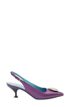 An iridescent buckle shines brightly against this party-ready pump that's lofted by a trend-right kitten heel. 2" heel Memory foam cushioning Leather upper and lining/leather and synthetic sole Made in Italy Party Slingback Pumps With Buckle Closure, Party Slingback Pumps With Buckle Closure And Low Heel, Party Low Heel Slingback Pumps With Buckle Closure, Purple Slingback Pumps For Spring, Purple Slingback Pumps With Ankle Strap, Spring Purple Slingback Pumps With Heel Strap, Purple Ankle Strap Slingback Pumps With Heel Strap, Purple Slingback Pumps For Spring Party, Spring Party Purple Slingback Pumps