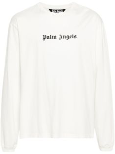 off-white/black cotton jersey texture logo print to the front crew neck long sleeves ribbed cuffs straight hem Plam Angels T Shirt, Palm Angels T Shirt, Pink Palm Angels Tshirt, Black Palm Angels T Shirt, Palm Angels White Tshirt, Texture Logo, Angels Logo, Airport Fashion, Palm Angels