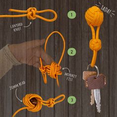 the instructions for how to tie a knot on a keychain, with pictures below