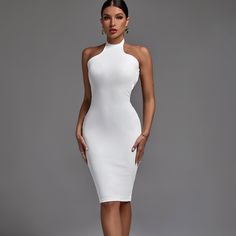 Nwt White Halter Sleeveless Striped Midi Bandage Dress Xs Wolddress Mini The Incredible Quality Bandage Dress Is Suitable For Party, Cocktail, Clubbing, Date Night, Wedding, Night Out, Evening, Birthday, Dinner, Celebrity And So On As You Like. If You're Wearing This You Know You Are Winning At Party! Our Style No.Pf21830 90%Polyester, 10%Spandex Height - 68.9"/175cm Bust - 34.6"/88cm Waist - 25.6"/65cm Hips - 36.6"/93cm And Wears Size S Very Stretchy Gentle Dry Clean Only Sleeveless White Fitted Bodycon Dress, White Sleeveless Dress For Beach Party, White Sleeveless Backless Dress For Night Out, White Sleeveless Halter Dress For Night Out, White Stretch Halter Dress Elegant, White Stretch Elegant Halter Dress, Elegant White Stretch Halter Dress, White Halter Neck Dress For Night Out, White Halter Neck Sleeveless Dress For Party