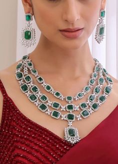 Premium Quality Three Layered Gorgeous and sparkly Emerald CZ Diamond Indian/Pakistani Bridal -Reception Set  long set with matching earrings Highest quality and craftsmanship Ready to ship from Maryland, United States Necklace Has Adjustable Chain  Earrings Have Pushbacks We ship worldwide If you have any questions please let me know Customized orders takes 3 to 4 weeks, depending on piece requirements.  The Ombre Designs Jewelry pieces can be customized in accordance with your requirement.  Please Email or Whats app on : +91 8448833193 / sonalikamehra@theombredesigns.com Royal Jewelry Set, Dazzling Heavy Jewelry For Formal Occasions, Dazzling Jewelry Set With Matching Earrings For Reception, Substantial Diamond Jewelry For Party, Silver Necklace With Matching Earrings For Reception, Heavy Diamond Party Jewelry, Heavy Dazzling Party Jewelry, Jewelry Long Necklace, Necklace Emerald