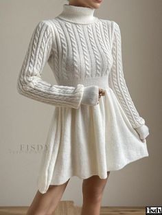 Fisdy - Casual Twist Knit Sweater Dress with Crisscross Pattern Long Sleeve Dress Winter, Casual Chique Stijl, Long Sleeve Turtleneck Dress, Cable Knit Sweater Dress, Cable Knit Turtleneck Sweater, Turtleneck Sweater Dress, Neue Outfits, Shein Dress, Long Sleeve Casual Dress