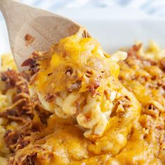 a spoon full of macaroni and cheese being lifted from the casserole