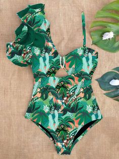 Tropical Print One-Piece Ruffled Swimsuit with Cutout Tropical Green One-piece Swimsuit, Green Tropical One-piece For The Beach, Green Tropical One-piece For Beach, Printed Green Swimwear For Summer, Green One-piece Swimwear With Tropical Print, Tropical Printed One-piece Swimsuit For Pool, Tropical Printed One-piece Swimwear For Pool, Tropical Printed One Pieces For Pool, Printed Green One-piece Swimsuit For Poolside