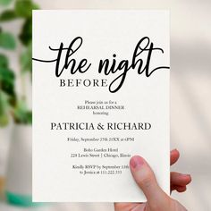 The Night Before Simple Elegant Rehearsal Dinner Invitation The Night Before Wedding, Rehearsal Dinner Party, Typography Black And White, Night Before Wedding, Simple Calligraphy, I Do Crew, Dinner Party Invitations