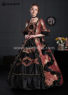 18th Century Baroque Renaissance Victorian Dresses     Condition: Brand New   Color: Wine Red Floral and Black   Material: Brocade   Occasion: Party, Wedding, Events, Photo shoot or Shows   Sleeve Length: Long Sleeves   Collar: Square Collar   Includes: Dress           Whether you're looking for a Vintage Revolutionary,Regency,Early Victorian,Pioneer Women,Old West,Civil War Era,Polonaise Sets,Bustle Eras,Victorian Era,Edwardian Era Dresses Clothing or Historical Period Clothing for you Marie Antoinette Dress, Edwardian Era Dress, Masquerade Party Dresses, Victorian Ball Gowns, Marie Antoinette Dresses, Gothic Victorian Dresses, Antoinette Dress, Victorian Dresses, Gown Vintage