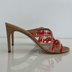 Rene Caovilla Gold Leather Coral Beaded Crystal Slide Sandals Size 8 Nib! Condition: New In Box, I Didn’t Observe Imperfections, But It’s Possible With Metallic Leather. In My Opinion, This Style, Runs Small, You Can Go Up Half To Full Size. Stunning Comfortable Height Sandals. Perfect For Day Or Night. Guaranteed To Fetch A Ton Of Compliments. Great With Jeans Or A Dress. Beaded Heels For Evening In Summer, Beaded Heels For Evening Summer Occasions, Summer Evening Beaded Heels, Elegant Beaded Open Toe Sandals, Designer Embellished Sandals For Gala, Elegant Beaded Open Toe Heels, Elegant Beaded Summer Heels, Spring Evening Beaded Heels, Beaded Heels For Formal Summer Events