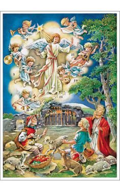 an image of the birth of jesus with angels and sheeps in front of him