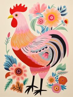 a painting of a rooster surrounded by flowers and leaves on a white background with red, yellow, blue, pink, orange and black colors