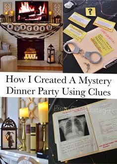 a collage of photos with the words how i created a mystery dinner party using clues