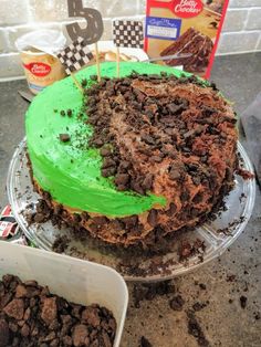 a cake with green frosting and chocolate chips