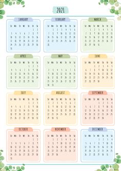 a calendar for the new year with green leaves and watercolors on white background