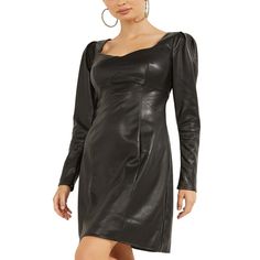 Elegant And Chic, Guess' Long-Sleeve Mini Dress Is Rendered In Faux Leather For An Edgy Touch, And Finished With Puff Sleeves And Button Accents. Approx. Model Height Is 5'10" And She Is Wearing A Size Small Faux Leather: Smooth Texture; Little Stretch Sweetheart Neckline Concealed Back Zipper Closure Long Sleeves With Button Cuffs And Gathered Puff Shoulders Faux Leather Fabric Xs=0-2, S=2-4, M=6-8, L=10-12, Xl=14-16 Polyurethane Machine Washable Imported Web Id: 13431719 Long Sleeve Faux Leather Mini Dress For Party, Faux Leather Dress For Date Night In Winter, Winter Faux Leather Dress For Date Night, Winter Date Night Faux Leather Dress, Elegant Leather Mini Dress For Going Out, Faux Leather Mini Dress For Night Out In Fall, Fall Faux Leather Mini Dress For Night Out, Fitted Faux Leather Dress For Winter, Chic Leather Mini Dress With Long Sleeves