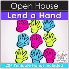 the open house lend a hand poster is shown in bright blue, pink and yellow